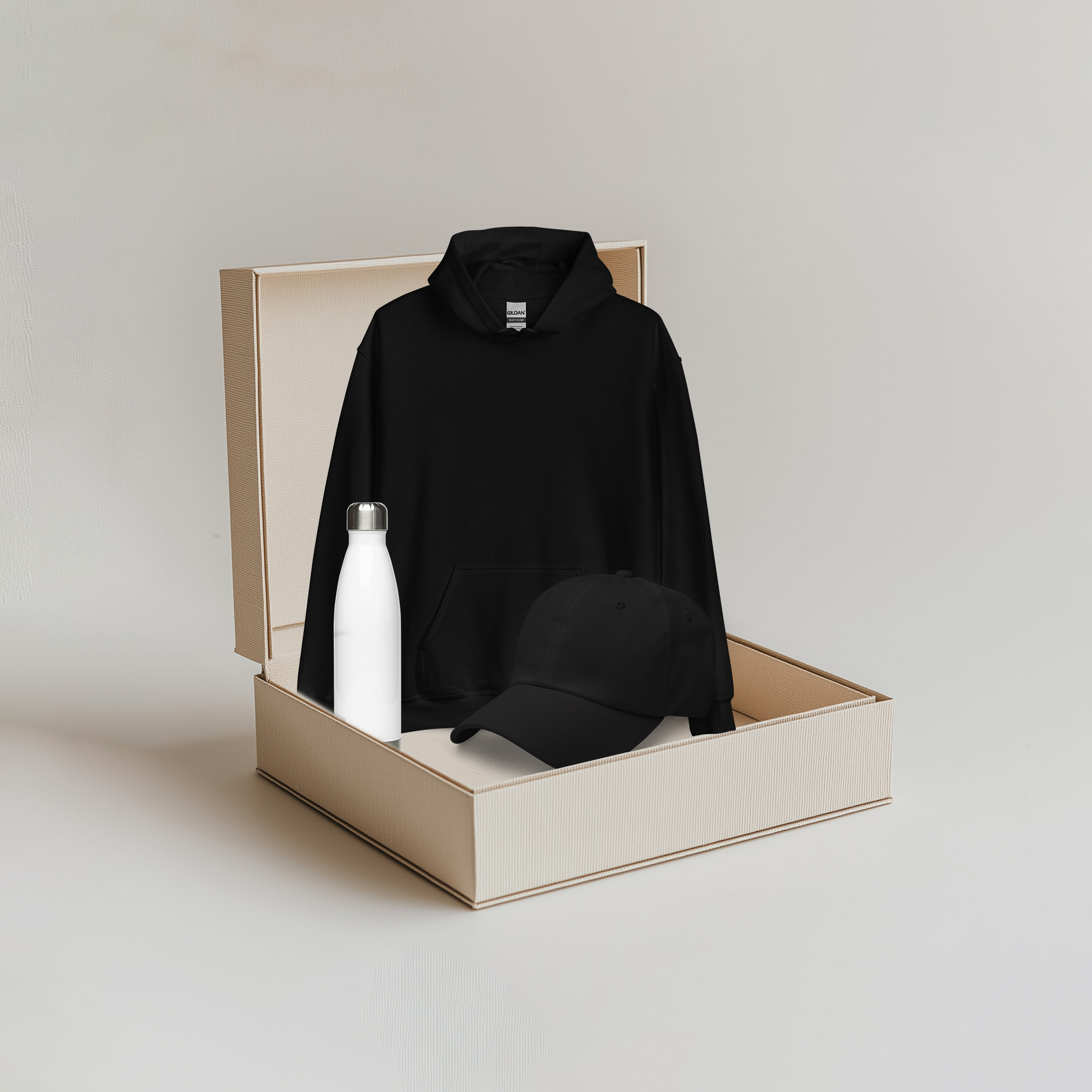 Black Hoodie / White Bottle / Black Cap