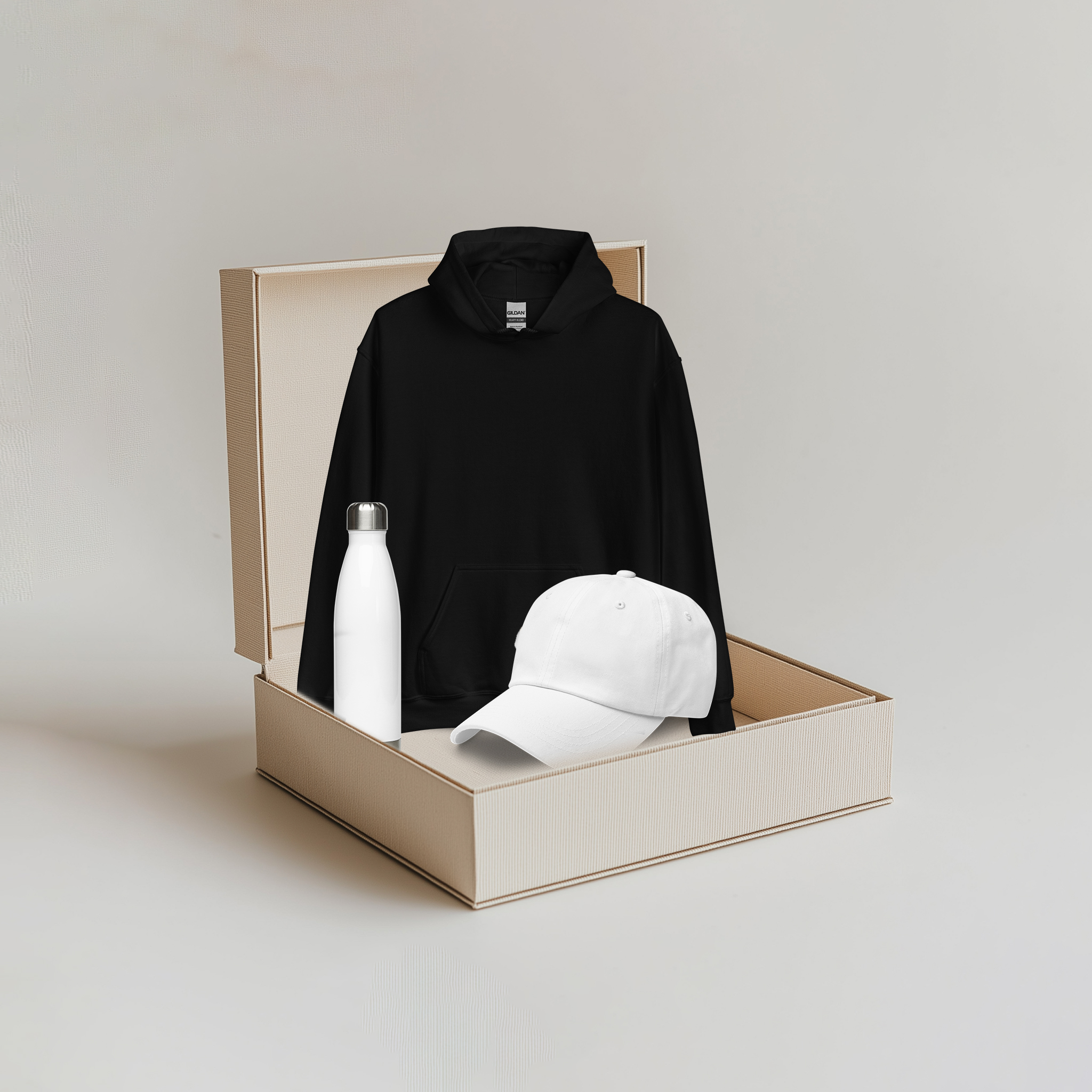 Black Hoodie / White Bottle / White Cap
