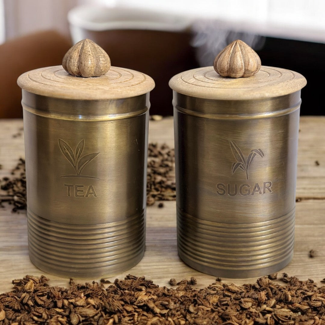 Set of 2 Brass Container With Wooden Lid for