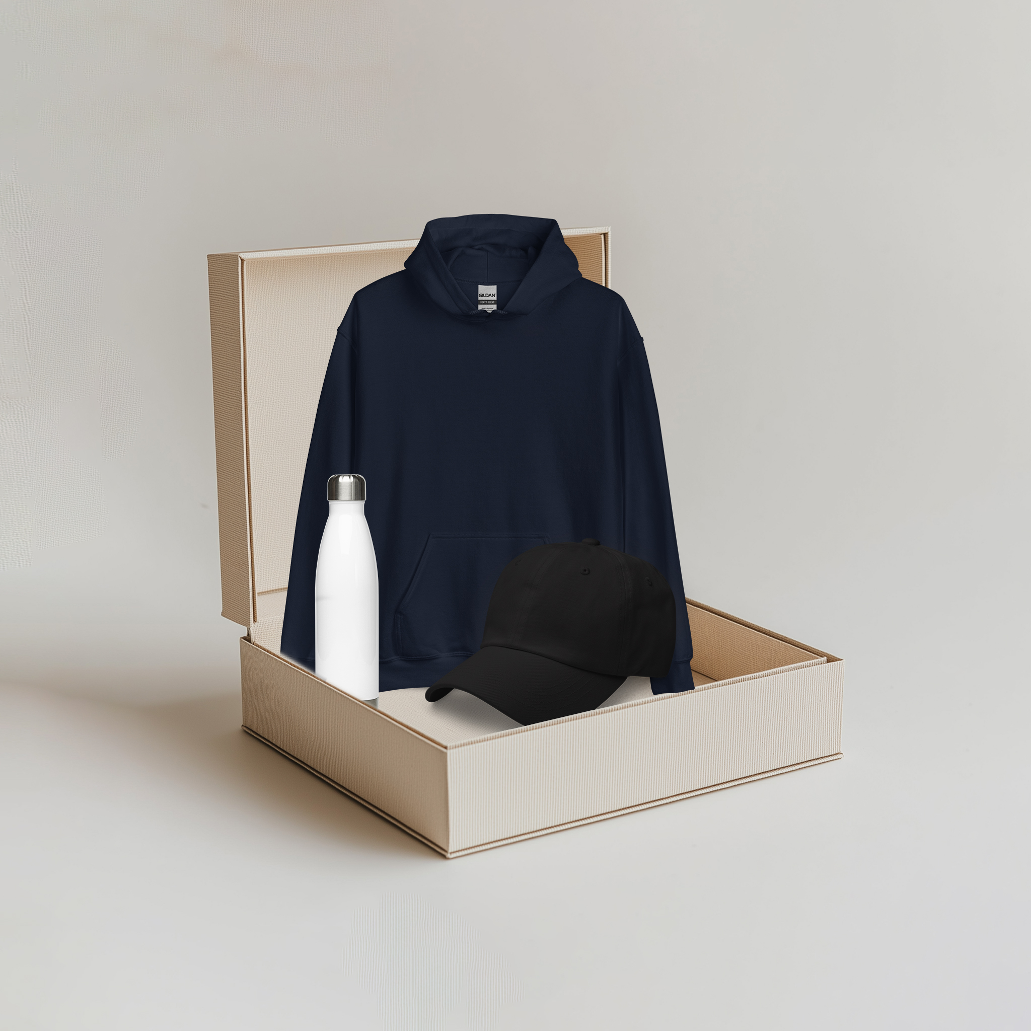 Navy Hoodie / White Bottle / Black Cap