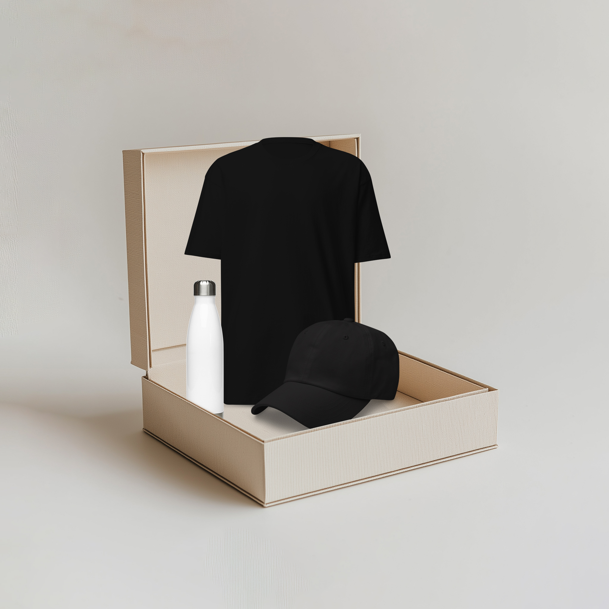 Black Shirt / Black Cap / White Bottle