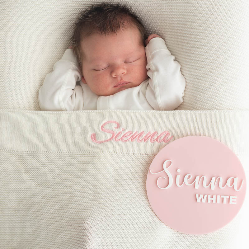 Personalised White Knitted Blanket & Pink Acrylic Baby Disc for