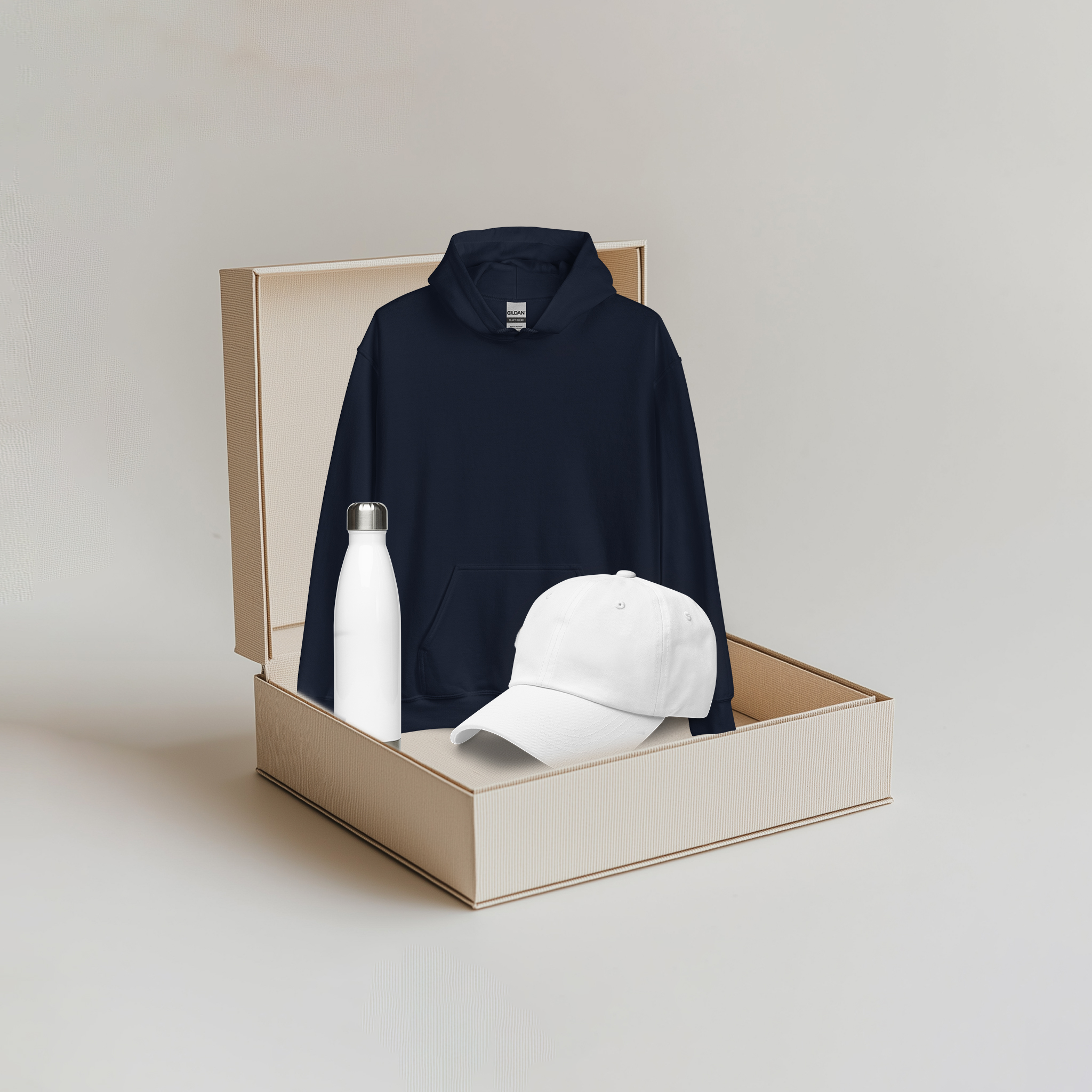 Navy Hoodie / White Bottle / White Cap