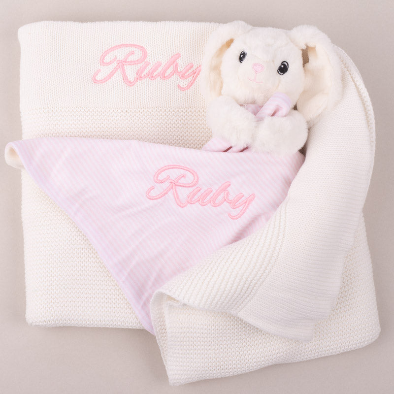 Personalized White Knitted Baby Blanket & Bunny Comforter Gift for
