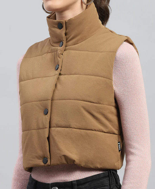 Women's Black Solid Mock Neck Sleeveless Jacket for